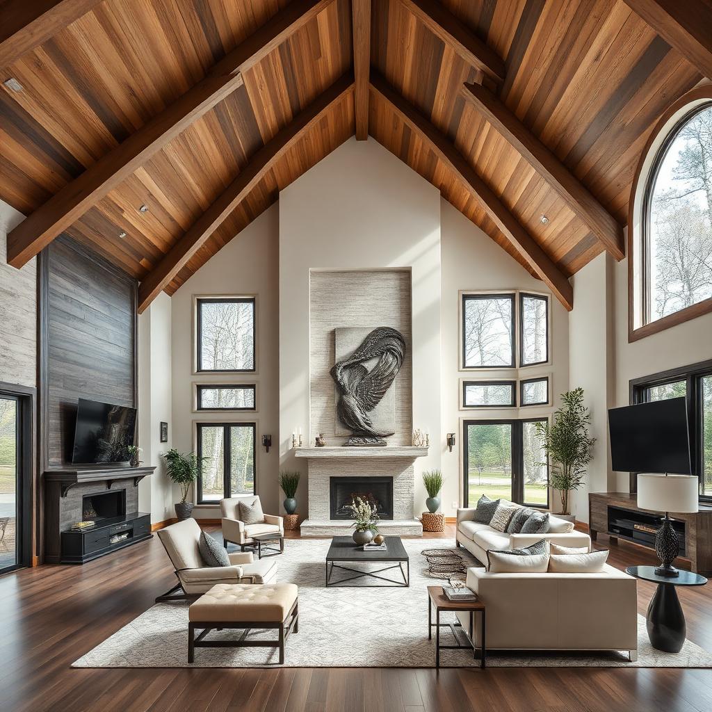 Vaulted living room renovation with wood ceiling