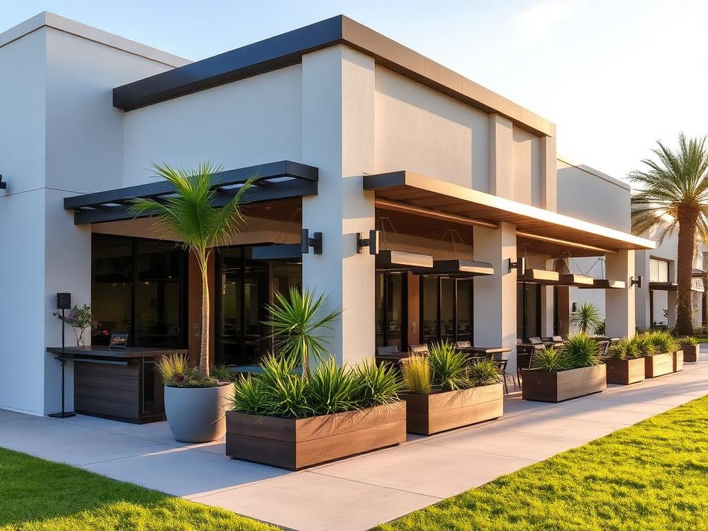 Modern commercial outdoor patio build with planters