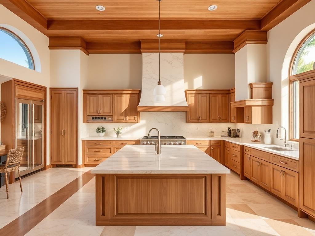 Custom kitchen with marble island and natural wood cabinetry